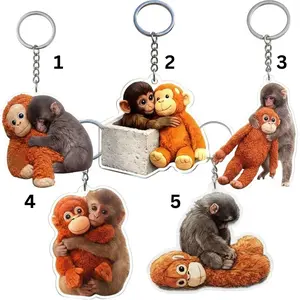 Team Punch Baby Monkey Acrylic Keychain, Plush Monkey Doll Keyring, Kawaii Animal Bag Charm, Adorable Monkey Lover Pendant, Double Sided Acrylic Gift Accessories