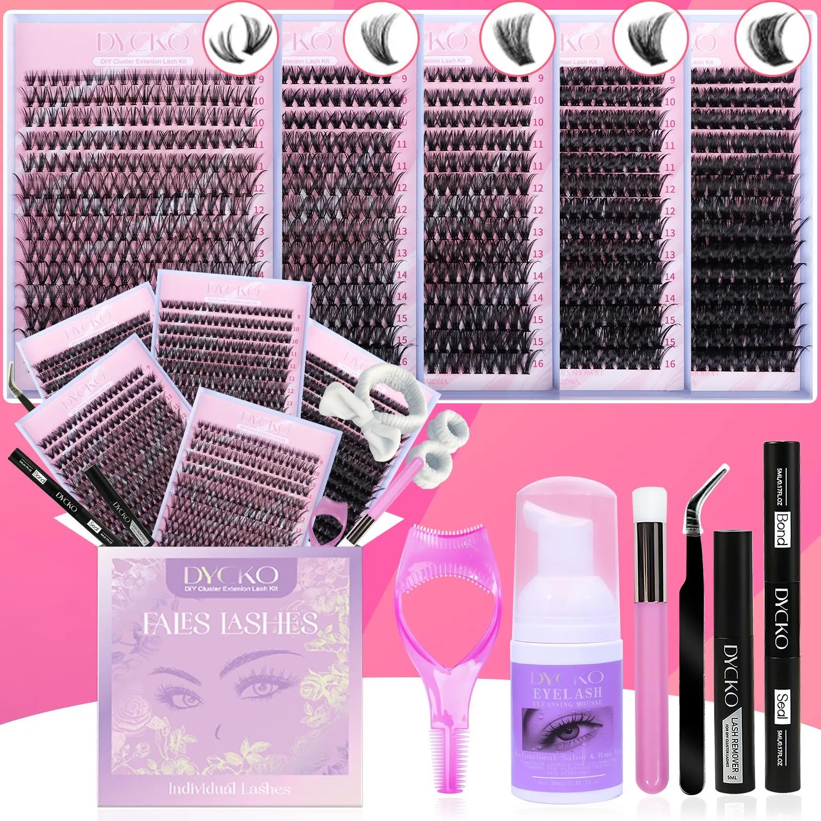 Natural False Eyelashes Kit, Mixed Length Individual False Eyelashes with Tools, Lash Extensions Kit, Diy Eyelash Extensions, Eyelash Set, Eye Makeup Enhancement Tool for Women & Girls, Cosmetic, Lashes Clusters, Fluffy Eyelashes