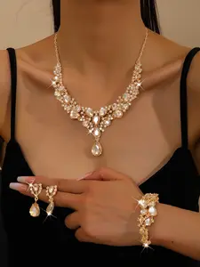 3-Piece Elegant Crystal Floral Jewelry Set, Teardrop Pendant Necklace, Earrings & Bracelet, Wedding Bridal Accessory