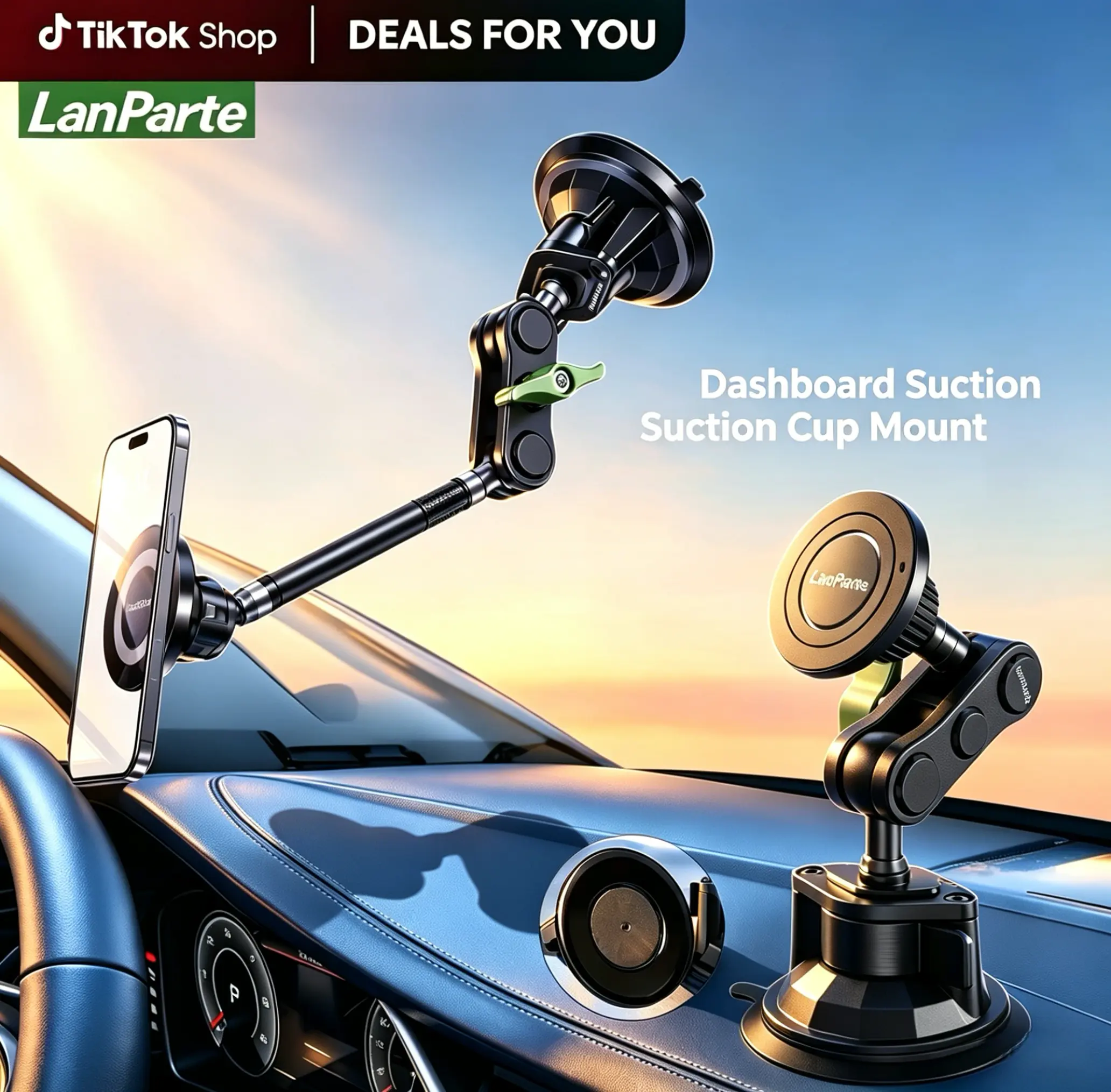 LanParte Dashboard Suction Cup Mount Magnetic Phone Holder for Car, Heavy-Duty 360° Rotation Anti-Shake Dashboard Windshield Mount, Quick Installation, Military-Grade Stability for Truck Drivers, Navigation Accessory Adjustable Magnetic Car Phone Mount