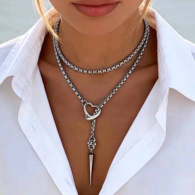 Women's Zinc Alloy Simple Fashion Layered Thick Chain Heart Lock Pointed Cone Pendant Necklace - Ideal for Music Festivals, Street Wear Gift jewelry