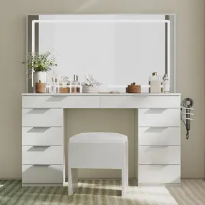 YITAHOME LED Vanity Desk Set with Large Mirror, 10 Drawers, 3-Color Lighting, Transparent Glass Top, Power Outlet, and Storage Bench for Makeup and Beauty