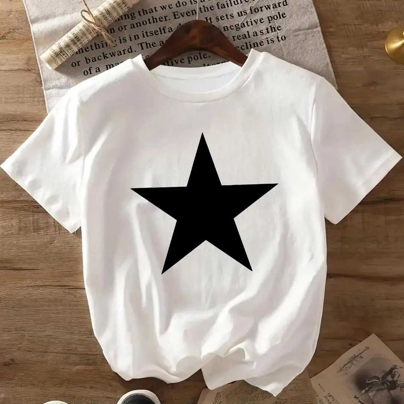 Plaid Star Graphic Top for Women, Chic Oversized 100% Cotton Shortsleeve T-Shirt, Casual Summer Clothing, S, Shirts, Casual Chic, Sporty Chic, Athletic