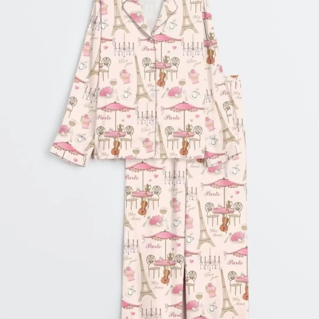 Women’s Bonjour Paris Eiffel Tower Travel To France Sister Party Coffee Long Sleeve Satin Pajama Set