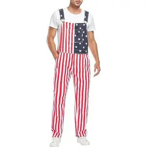 Yuanbang Men's American Flag Adjustable Denim Overalls Red White and Blue Coveralls with Zip Casual Rompers USA Bibs Jumpsuits Menswear
