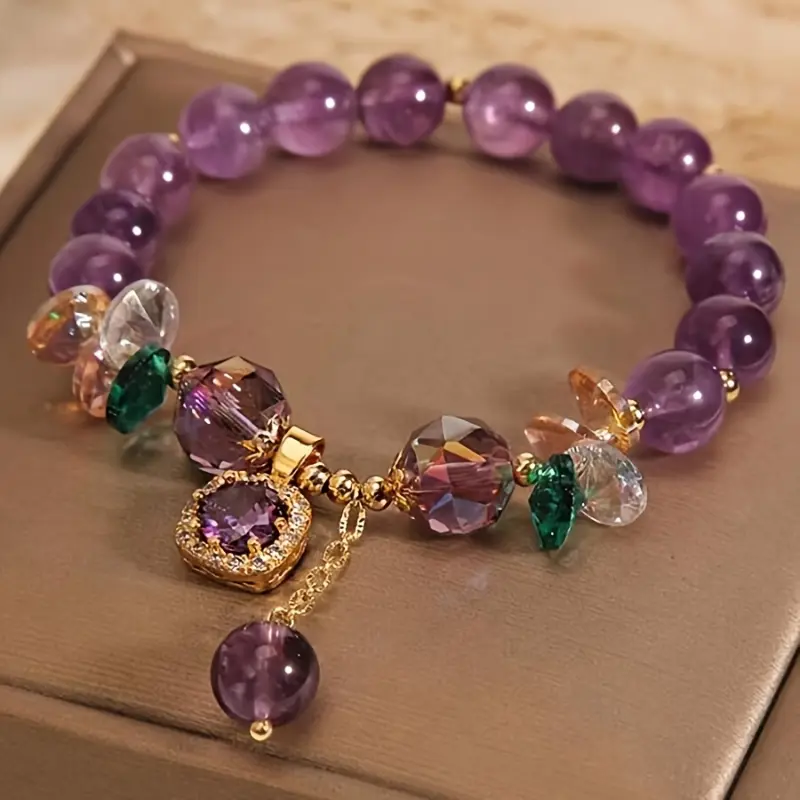 Elegant Vintage Purple Crystal Beaded Bracelet - 15cm, Multi-Colored Synthetic Zircon Inlay Mosaic Jewelry, Sexy Casual Wear Charm for Adults, All-Season Gift Option