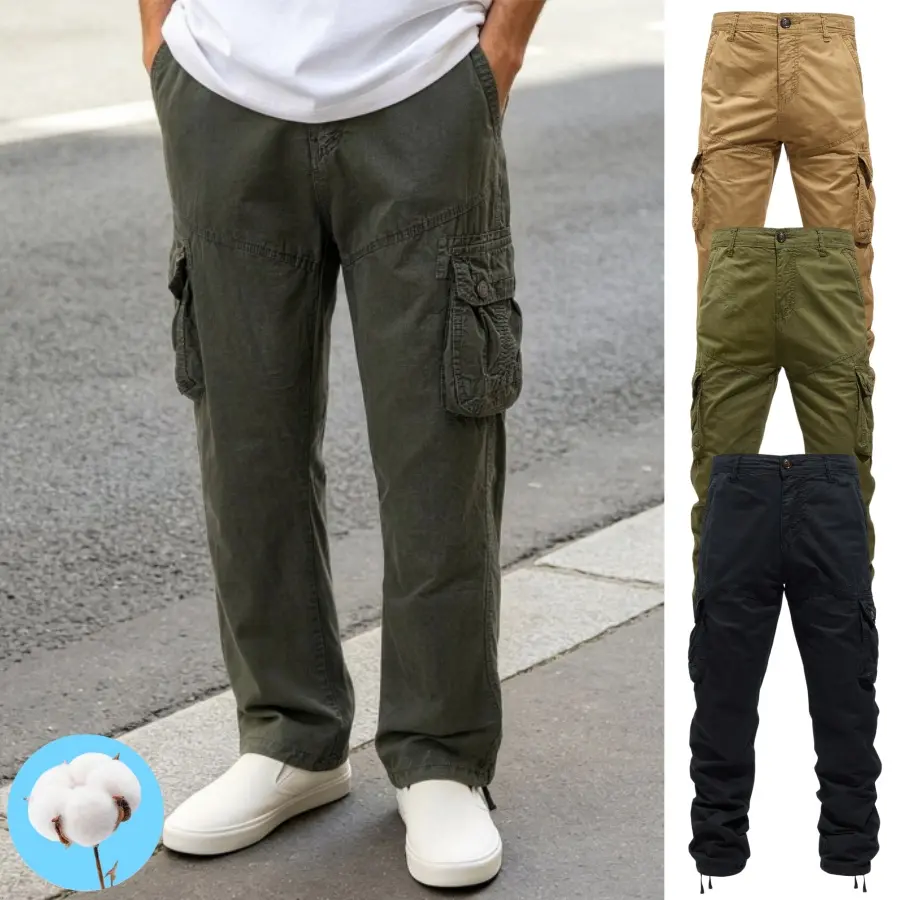 Men's 100% Cotton Washed Plain Cargo Trousers - Mid Waist, Straight Leg, Multi-Button Casual Fashionable Pocket, Tactical Outdoor Gear, Drawstring Cuff, Breathable, Standard Sizes for Outdoor Work & Daily Streetwear, 4 Classic Solid Colors