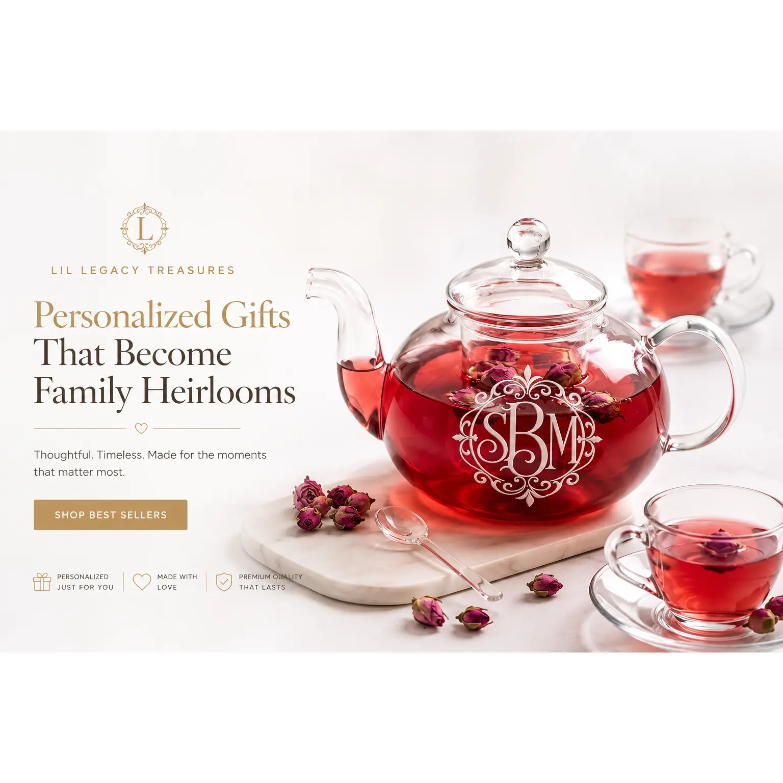 Personalized Glass Tea Set with Teapot, Warmer & 4 Cups