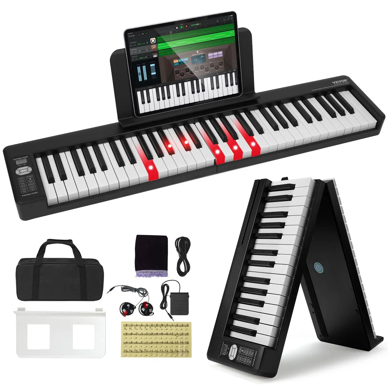 VEVOR 61-Key Foldable Digital Piano for Beginners (Black) - Touch-Sensitive Illuminated Keys, Bluetooth, MIDI, Rechargeable Battery, Sustain Pedal, Bag, 21 Demo Songs, 128 Standard Tones, Immersive Surround Sound, Multifunction Portable Music Keyboard