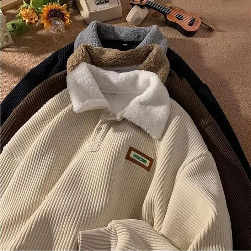 2026 New Vintage Corduroy Polo Collar Oversized Sweatshirt for Couples Stylish Comfortable Casual Matching Long Sleeve Thick Velvet Winter Clothes Preppy Streetwear Womenswear Style Brown Tops Fit Fashion