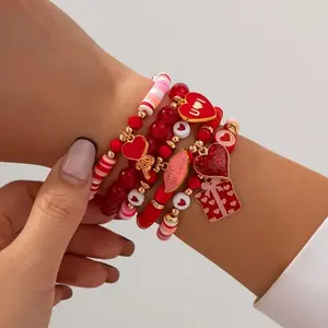 Valentine's Day Soft Clay Bead & Heart Charm Bracelets, Elastic Stretch Beads, Love Token Gift, No Metal, Year-Round Wear, Beaded Bracelet