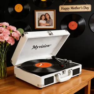 【Mothers Day Gift】Myvision Rechargeable Vinyl Record Player Retro Litchi Grain Bluetooth RCA Output 3-Speed Suitcase Portable Turntable with Stereo Speakers Vintage Home Decor cdplayer mothers day gift