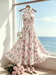 Tulip Print Midi Women Dress, Sleeveless A-Line Neckline, Comfortable Lightweight Chiffon Fabric, Colorblock Waist Design, Spring Summer Fashion