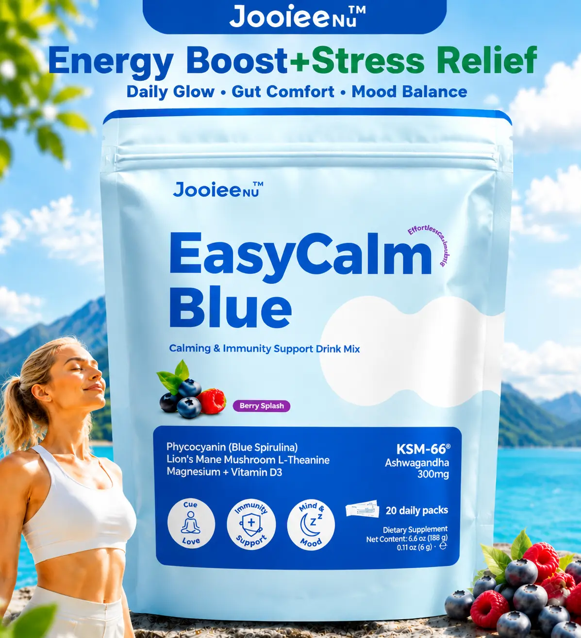 JooieeNu EasyCalm Blue Daily Wellness Tablets - Sugar Free, Drink Mix, Detox Support, Gut Balance, Immune & Metabolism Boost, Calm + Focus Duo - Key Ingredients: Blue Spirulina, KSM66 Ashwagandha, Magnesium - 20 Servings, Vitamin, Detox Gut Performance Bl