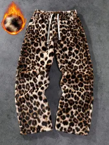 Men's Streetwear Fleece Pants Leopard Print Casual Versatile Fashionable High-Quality Retro Style Suitable for Daily Wear Casual Streetwear Trousers