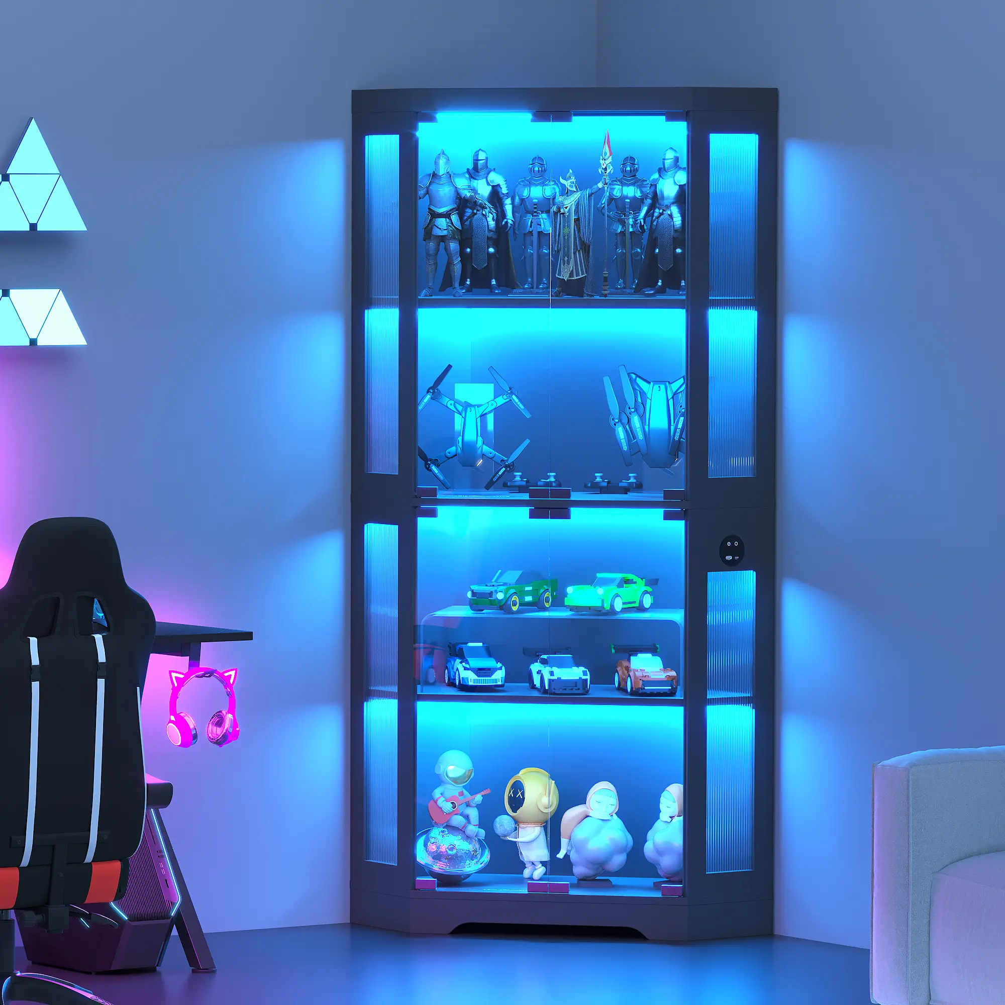 Modern Glass Display Cabinet for Living Room – 4-Tier Corner Curio with 3-Color LED Lights, Motion detector, Charging Ports, Glass Doors, Storage Shelf for Collectibles, Books, Trophies