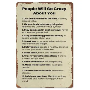 People Will Go Crazy About You 12 Self-Improvement Rules 8x12 Inch Aluminum Metal Sign - Motivational Wall Decor for Bedroom, Office, Gym - Retro Tin Sign Gift for Confidence Builders & Self-Love Enthusiasts