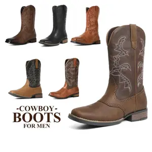 CYNLLIO Cowboy Boots for Men Square Toe Mens Western Work Boots Synthetic Leather Mid Calf Embroidered Chunky Heel Spring Shoes