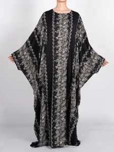 Plus Size Abaya Dress, Long Sleeve Maxi Round Neck Kaftan, All-Over Printed Belted Design, Loose Fit Modest Style for All Seasons