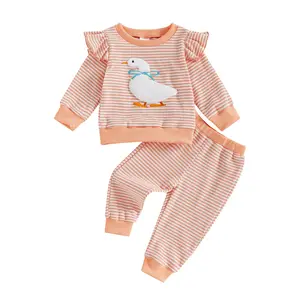 Toddler Baby Girl Country Farm Outfit Silly Goose Embroidery Stripes Print Long Sleeve Pullover Sweatshirt Elastic Waist Jogger Pants