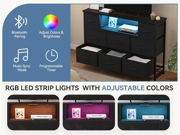 TV Stand with 8 Fabric Drawers & Power Outlet, LED TV Console with USB & Type-C, Storage Dresser for Living Room, Black