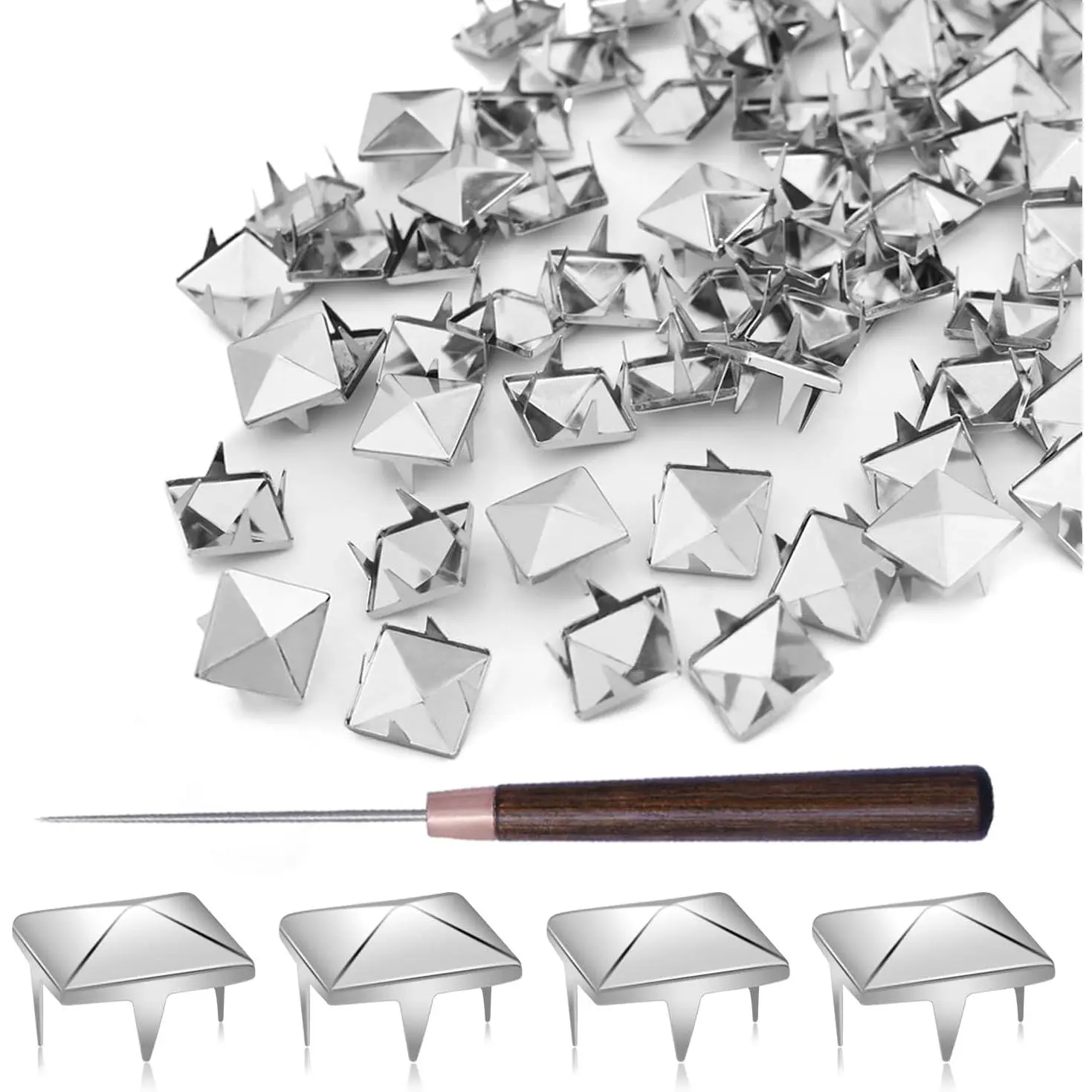 High Quality Metal Square Pyramid Studs - 500pcs 10mm Claw Nailhead Spike Rivets, Easy to Use Leathercraft Tool Set for Punk Rock Clothing, Leather Shoes DIY Projects (Silver), Stud, 500 Sets