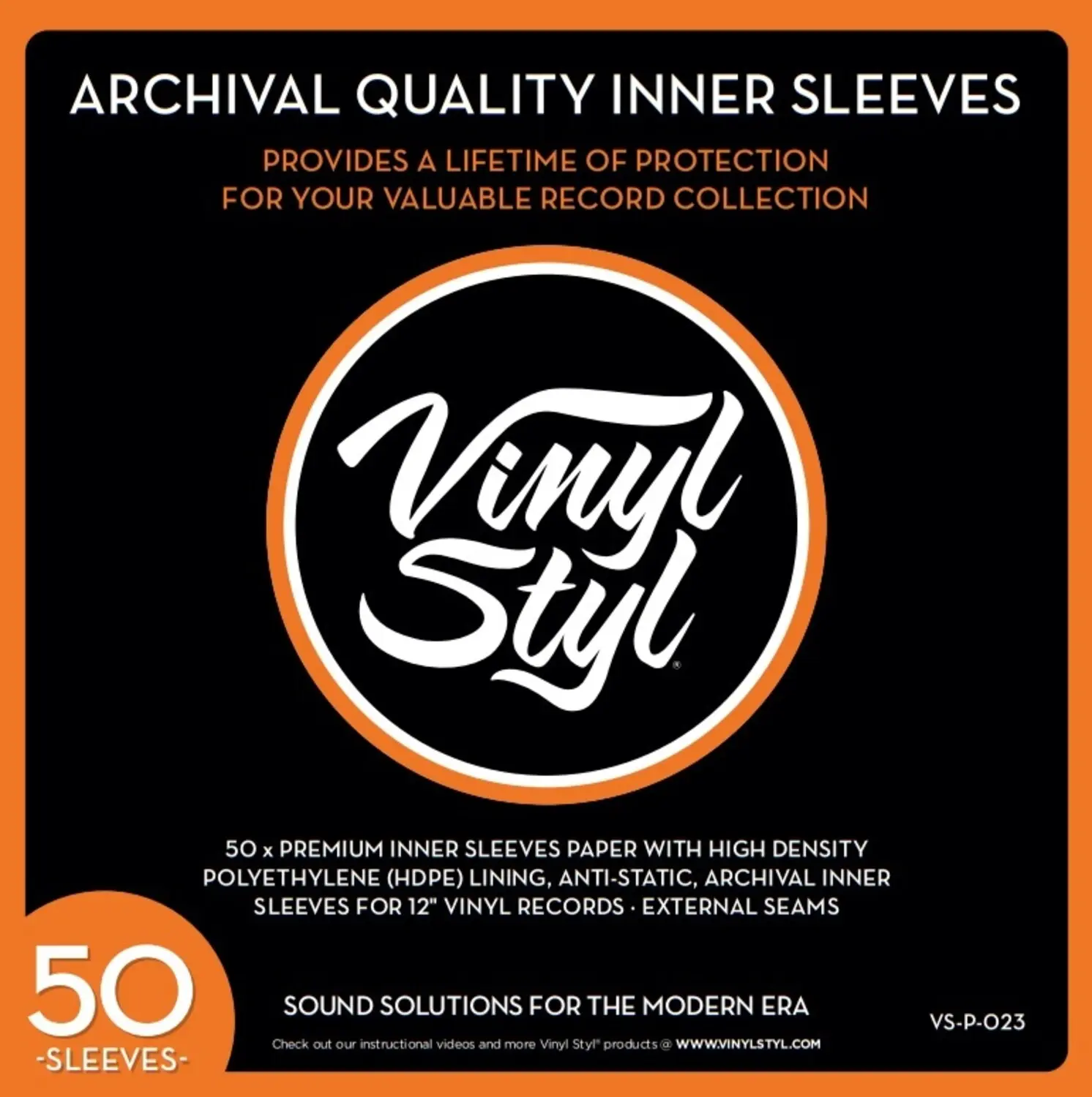 Vinyl Styl® VS-P-023 12 in Archival Inner Record Sleeves - HDPE-Lined, 50 Count, Protects from Dust, Lifetime of Protection - Audiophile [BAGS / SLEEVES]