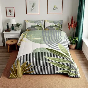 Feelyou Bedroom Bedding Set - Multi-Size Mid-Century Boho Decorative Bedding Set, Modern Geometric Abstract Sun Arch Curve Abstract Leaves Polyester Fiber Quilt, Travel Ready
