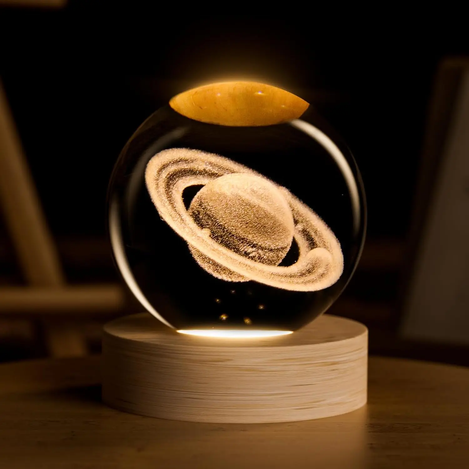 2.4 inch Saturn Glam Modern Glam USB-Powered Lamp - F-SO10 Quartz Glass Crystal Ball with Wooden Base, 3D Laser Engraved Solar System Paperweight Sculpture, Home Decor for Nightstand, Ideal Gift for Classmates