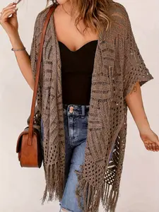 Medium-Length Fashion Loose Knit Kimono Cardigan, Hollow Out Fringe Design, Sun Protection, Plus Size Women's Outerwear, Chic
