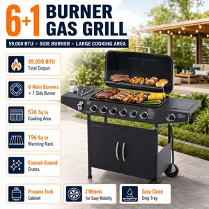 6 Burner Propane Gas Grill with Side Burner 59000 BTU Stainless Steel BBQ Grill Enamel Coated Grates Outdoor Cooking Kitchen Cart with Side Tables for Patio Backyard Party and Professional Grilling