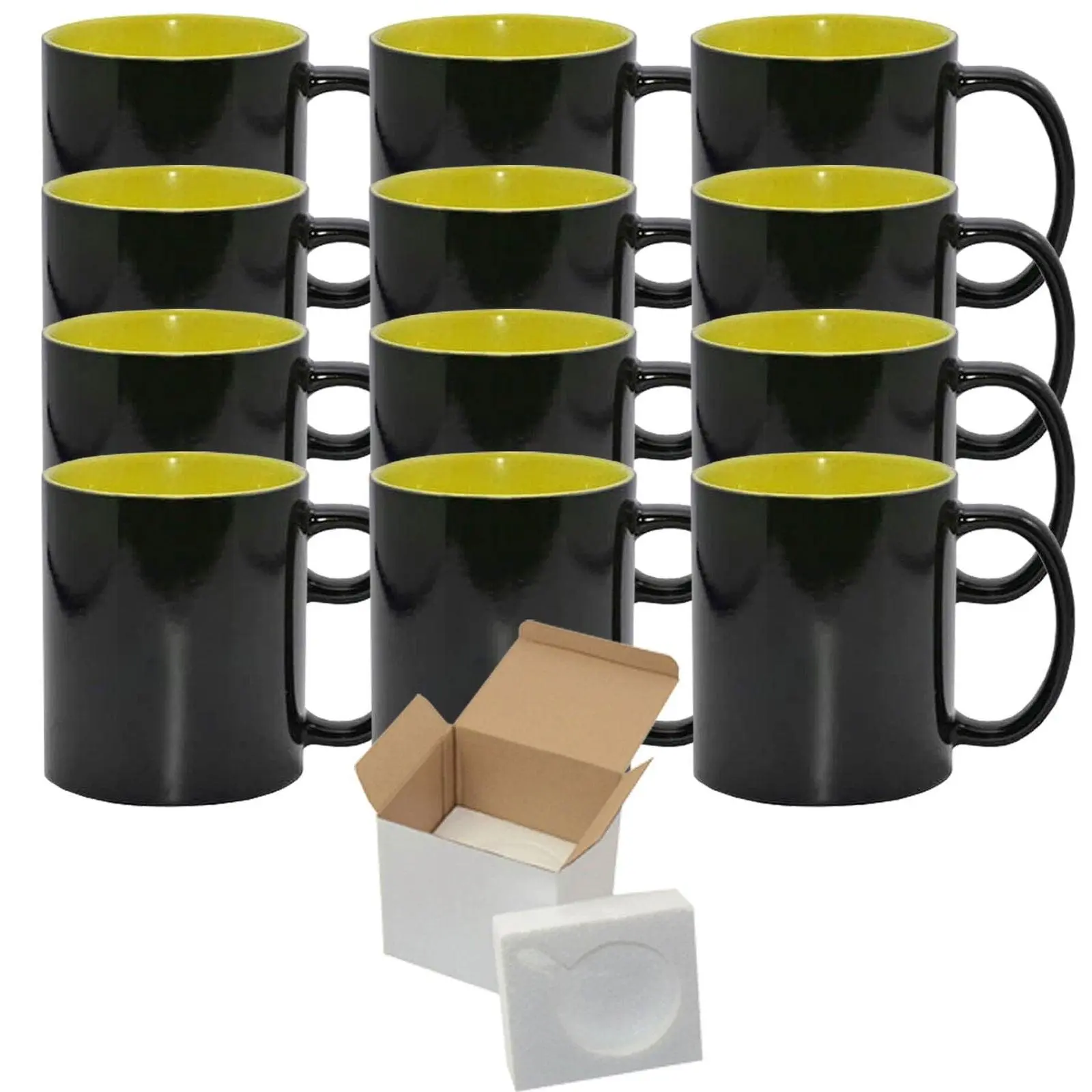 12 Pack of 15oz Yellow Inner Color Changing Sublimation Mugs - Includes Foam Support Mug Shipping Boxes