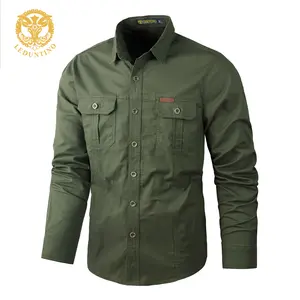 LEDUNTINO Men's 100% Cotton Casual Plain-Colored Long-Sleeved Shirt, With Multiple Pockets, Loose Fit, Suitable For Daily Wear