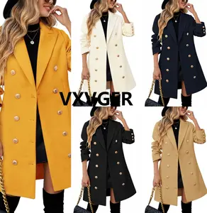 VXYGER Women's Winter Double Breasted Pea Coat Notched Lapel Midi Trench Coat Trendy Elegant Work & Casual Jacket in Camel Off-White Black Navy Yellow Sizes S-XXL Classic Design Warm Comfortable Fabric