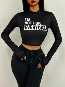 Women's Trendy Slogan Crop Top T-shirt-Fashionable Crew Neck,Long Sleeves,Slim Fit,Perfect for Spring&Fall,Casual Polyester Wear-XZFBM0091