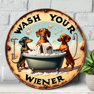 Vintage Aluminum Wall Decor Art, Round 'wash Your Sausage' Design, Dog Lovers Theme Gift, Retro Tin Sign for Home Decoration, Vintage Metal Sign
