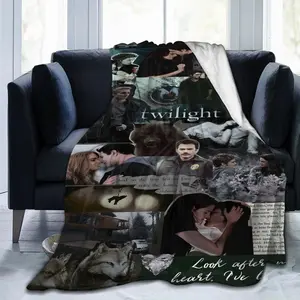 Twilight-themed patchwork print flannel plush blanket - ultra-soft, suitable for all seasons, bedding, sofa, travel, and office use, 80*60 inches.