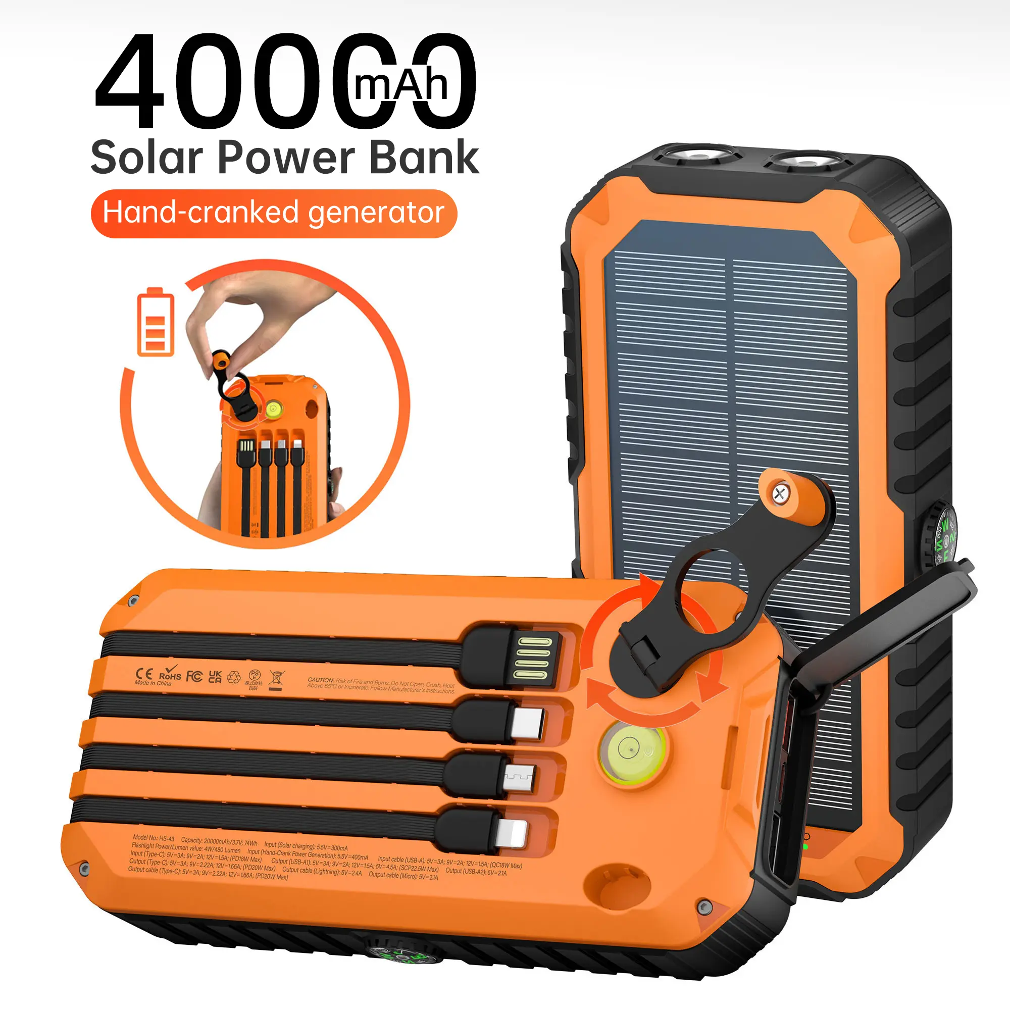 Diamuar 40000mAh Solar Power Bank - Mobile Portable Charger with Hand Crank, 4 Cables, Dual USB/Type-C Fast Charging, Bright LED Light, Built-in Compass & Leveler, EDC Gear for Everyday Carry, On the Road, Camping,back to school,back to school haul