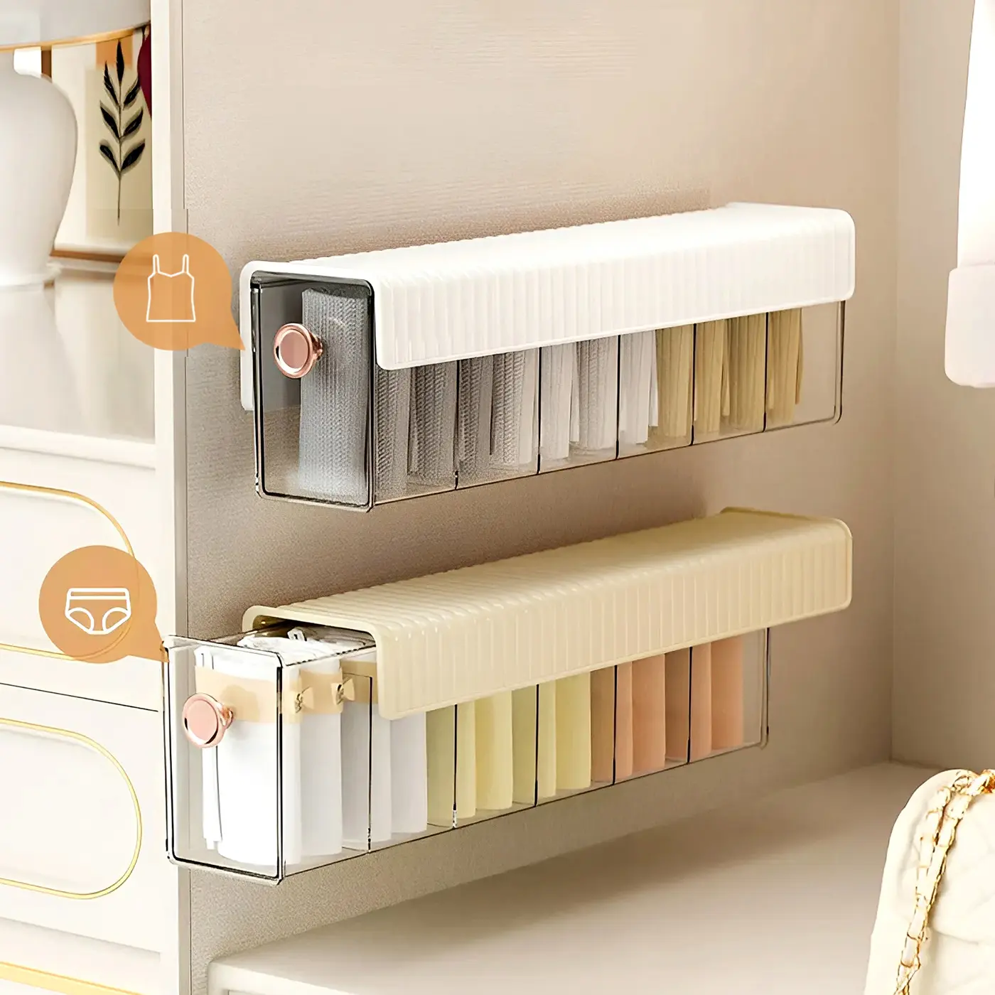 3 Pack Clear Acrylic Wall Mounted Drawer Organizer with Pull Out Drawer, Large 6 Compartment Closet Storage for Underwear, Lingerie, Camisoles, Jewelry & Accessories, 14.5" x 3.3" x 4.2" Heavy Duty Thickened Acrylic Organizer, No Drill Self Adhesive