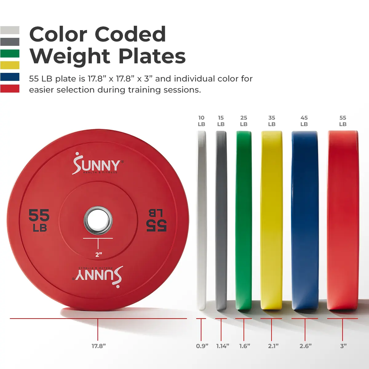 Sunny Health & Fitness Elite 2-in Rubber Olympic Weight Plates, 10-55 LBS Color-Coded for Easy Selection, Weights for Home Gym Use, Strength Training Workouts (Deadlifts, Squats, Bench Press) Sunny Health & Fitness Elite 2-in Rubber Olympic Weight Plates, 10-55 LBS Color-Coded for Easy Selection, Weights for Home Gym Use, Strength Training Workouts (Deadlifts, Squats, Bench Press)