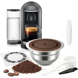 Stainless Reusable Coffee Pods for Nespr*sso V-rtuo - Refillable Capsules Compatible with V-rtuoline GCA1 and ENV135 NEXT POP Series With 4 Barcode Stickers,Lid (230ML)