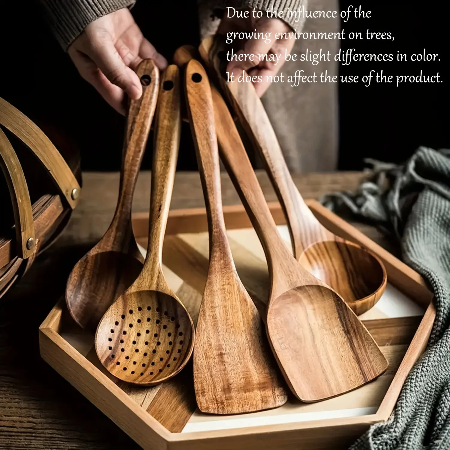 5-Piece Natural Wood Kitchen Utensil Set with Ergonomic Handles - Includes Spoons, Stirring Scoops, Heat-Resistant Durable Tools for Nonstick Cookware, Easy to Clean