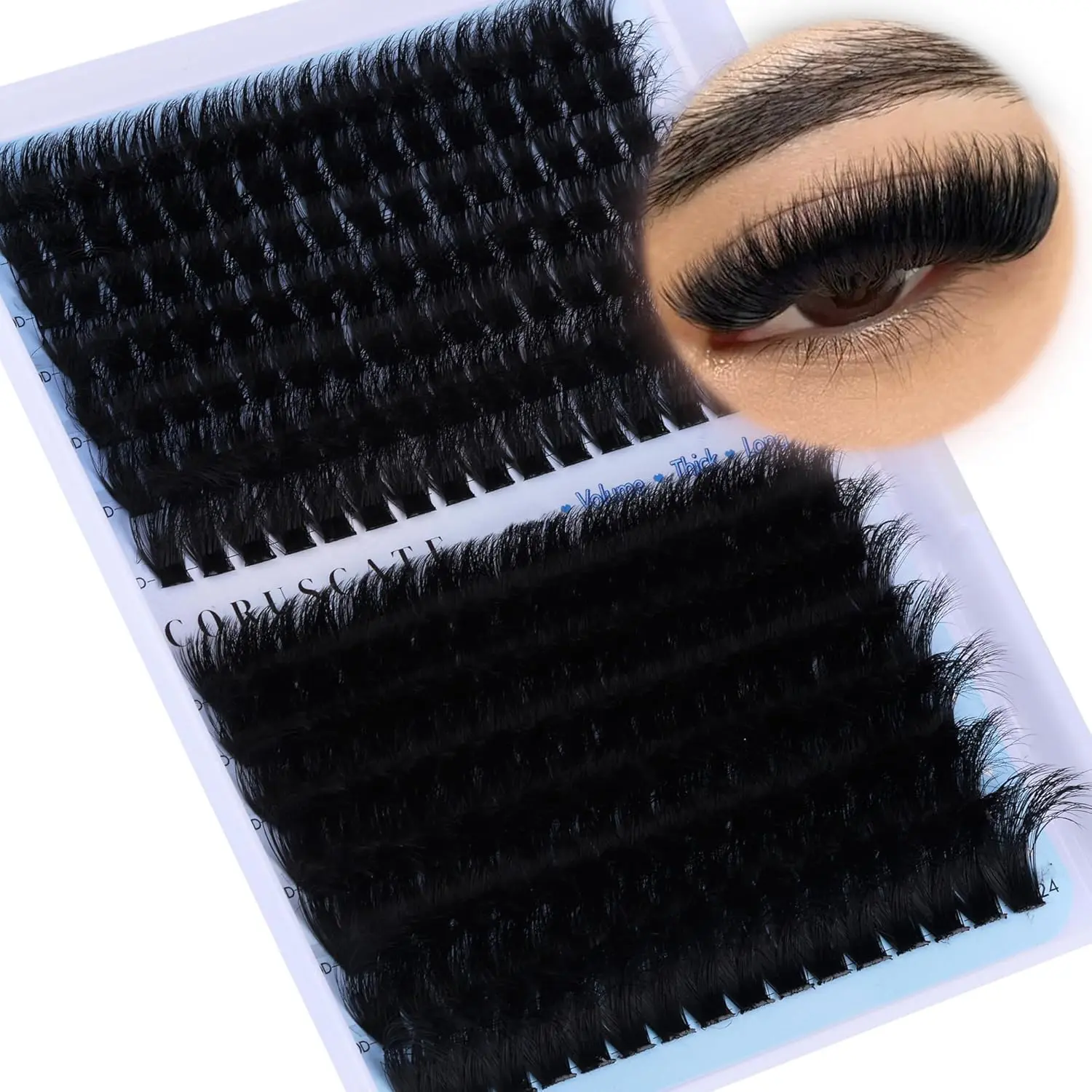 Plush Fluffy Eyelash Clusters 160D+200D, Volume Eyelashes, Voluminous Lash Extensions 12-24mm, Dramatic Long Mega Volume Lashes, Lightweight Individual Lashes, 224pcs Luxury DIY Lash Extension Kit