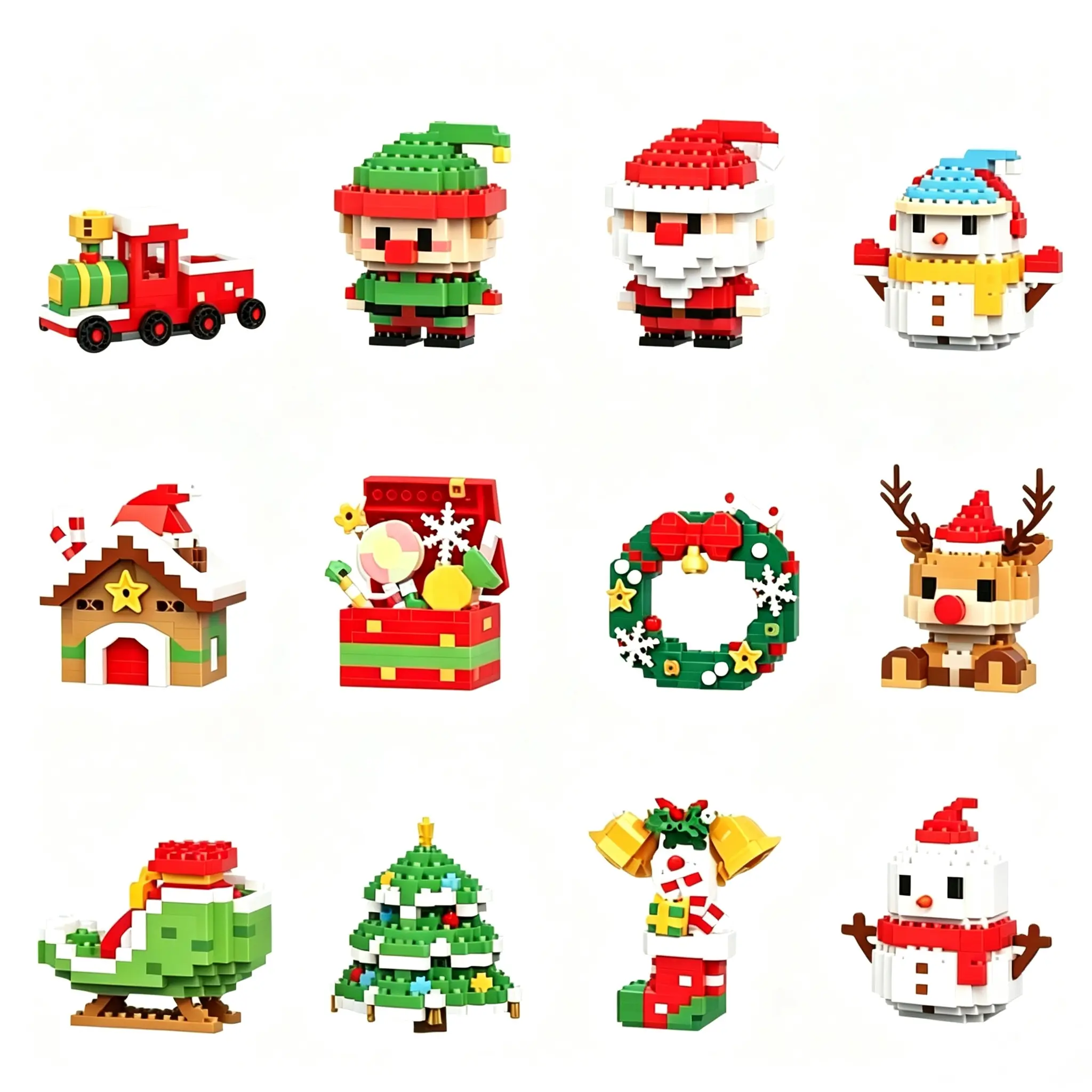 Kid-Safe Mini Christmas Micro Building Bricks & Parts Set - 12 Unique Designs (Santa, Snowman, Elk, Xmas Tree, Wreath, Train), DIY Learning Stocking Stuffer, Boy Gifts, Boys Christmas & New Year Home Decor Toy to Boost Concentration & Cut Screen Time, Abs