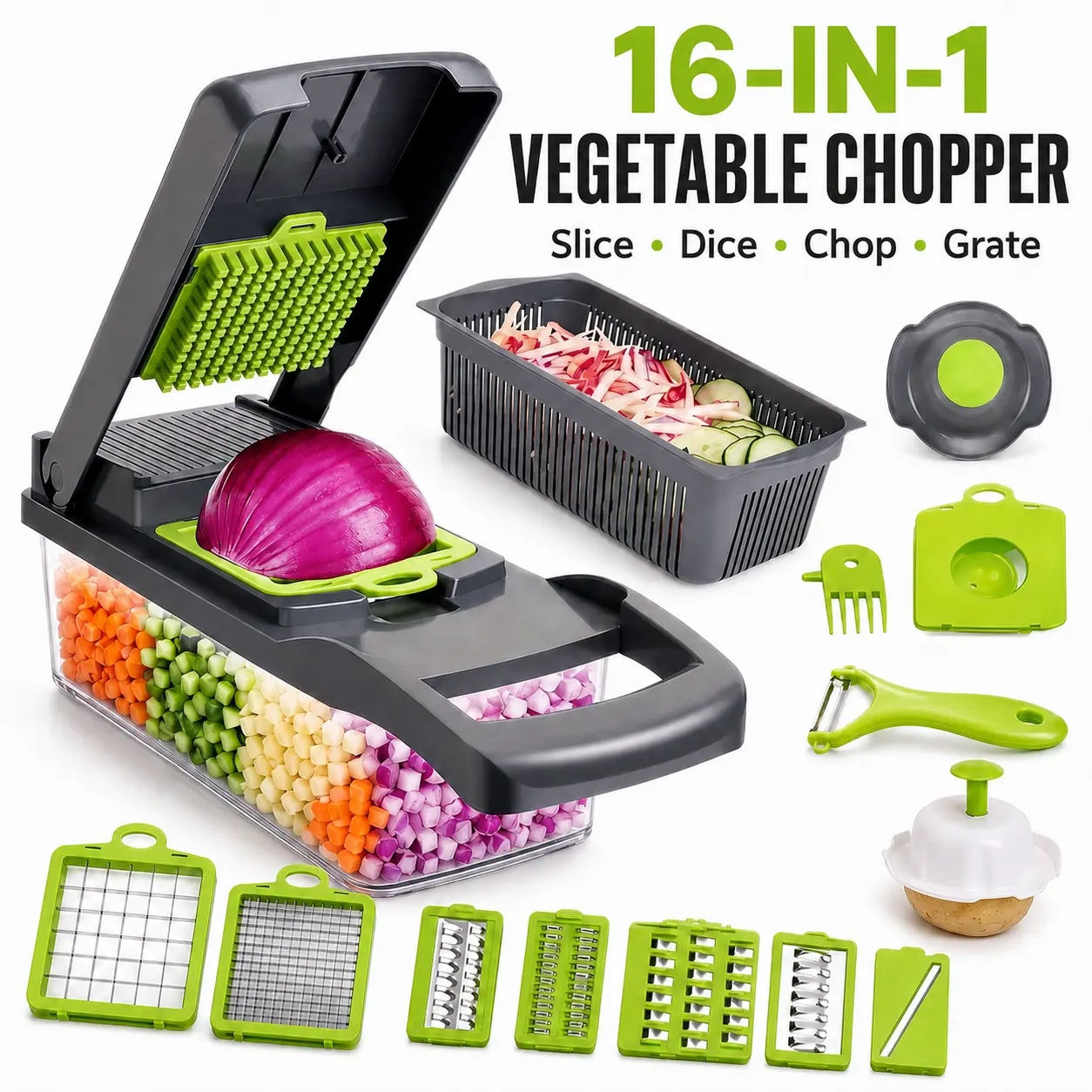 Vegetable Chopper Dicer 16-in-1 with Container,Stainless Steel Cheese Grater & Mandoline Slicer French Fry Cutter,Manual Veggie Chopper for Onion Potato,Handheld Kitchen Gadget with Storage Box