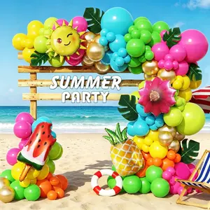 146pcs Tropical Summer Theme Balloon Arch Set, Smiley Sun, Pineapple, Watermelon, Flowers, Palm Leaf Decor, Party Decoration