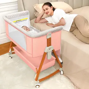 【mothersdaygift】Portable Crib Side  Baby  Bassinet，6 Height Adjustable Cribs Easy to Fold Portable  Bassinet Swing Cradle Bed Side Sleeper with Ventilated Net Wheels