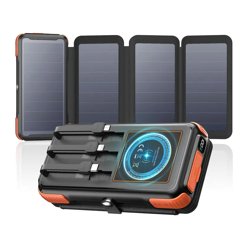 49800mAh Solar Charger Power Bank, 20W Fast Charging Portable Charger with Built-in 3 Cables & 4 Solar Panels, USB C Solar Battery Bank with LED Flashlights for Smartphones, Tablets