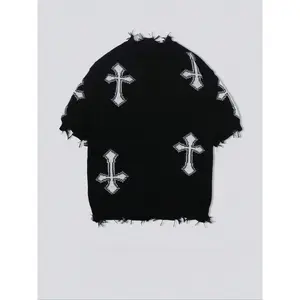 Men’s cross-print tassel-trimmed sweater, summer loose casual streetwear soft and comfortable long-sleeve crewneck sweater, fashionable men’s knit sweater, topGARMENTARY