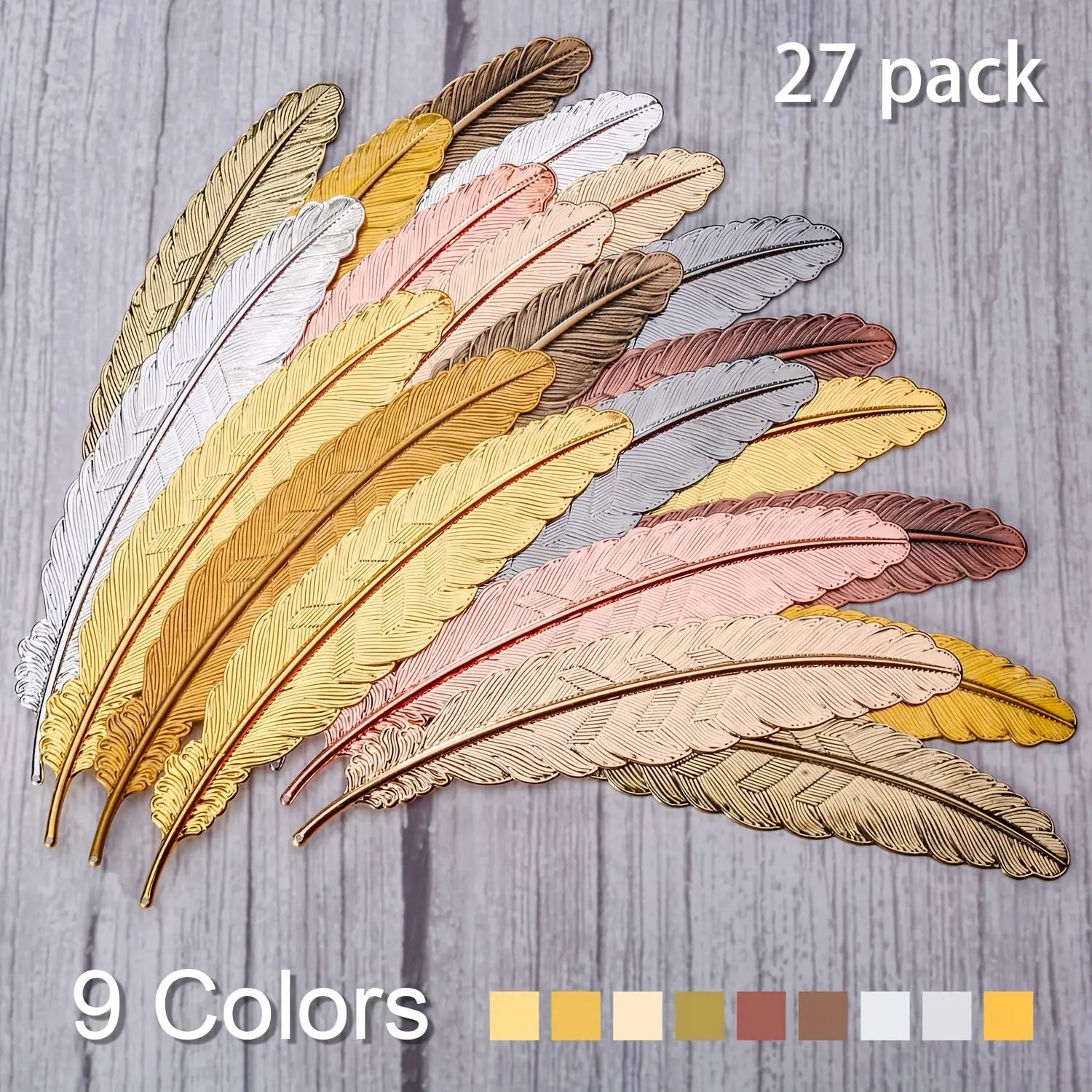27pcs Durable Metal Bookmarks Set, 4.5in Elegant Vintage Feather Page Markers with Hanging Holes, 9 Distinct Colors, 0.03in Thick Customizable Office Stationery Book Accessories, Book Lover Gifts for Graduation